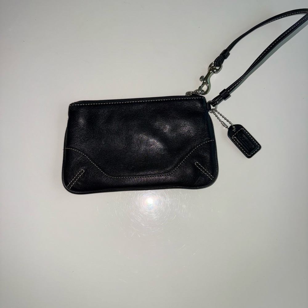 Coach Black Leather Wristlet with Chain Accent